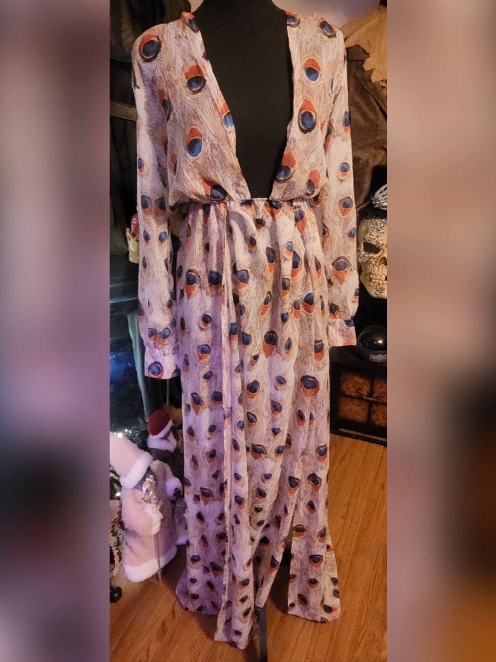Peacock Print Long Sleeve Maxi Dress XS